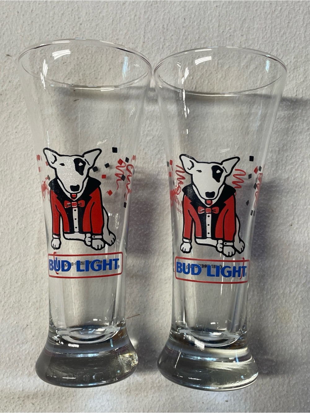 RARE 2 New Years Bud Light Spuds Mackenzie Party Dog Pilsner Beer Glass 1987